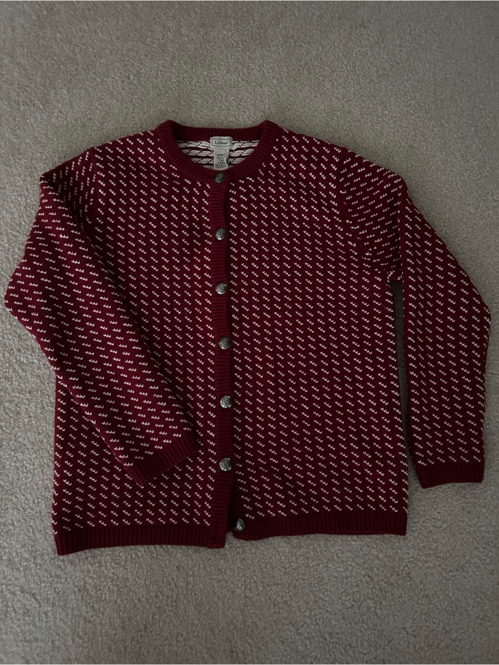 NWT VTG L.L. Bean Red/White Heritage Bird's - Eye Knit Button Cardigan Size Larg